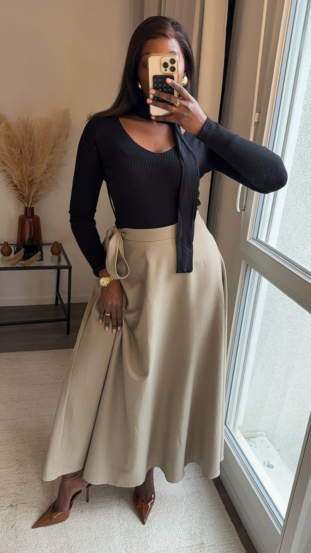 Jupe évasée longue Taupe