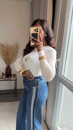 Jean Droit à bandes contrastées - Bleu Denim