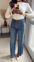 Jean Droit à bandes contrastées - Bleu Denim