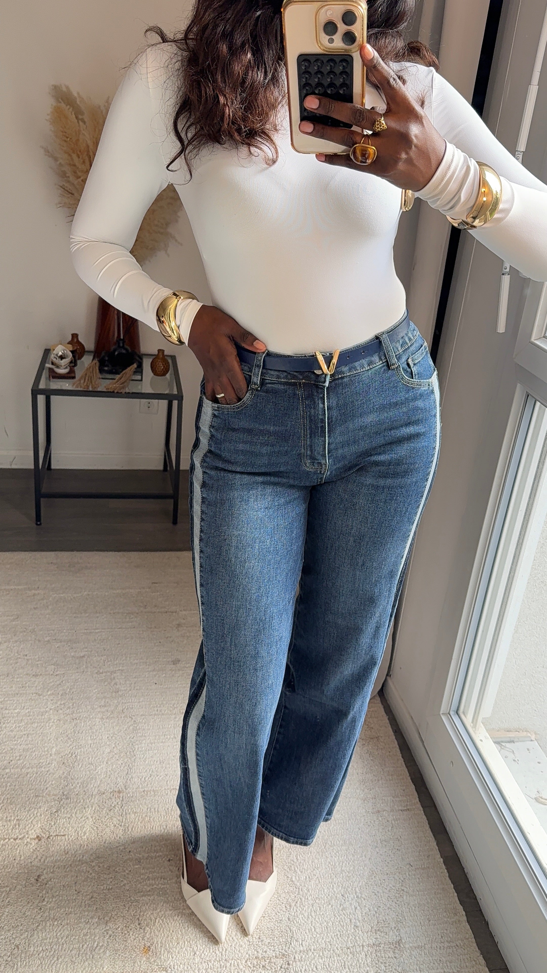 Jean Droit à bandes contrastées - Bleu Denim