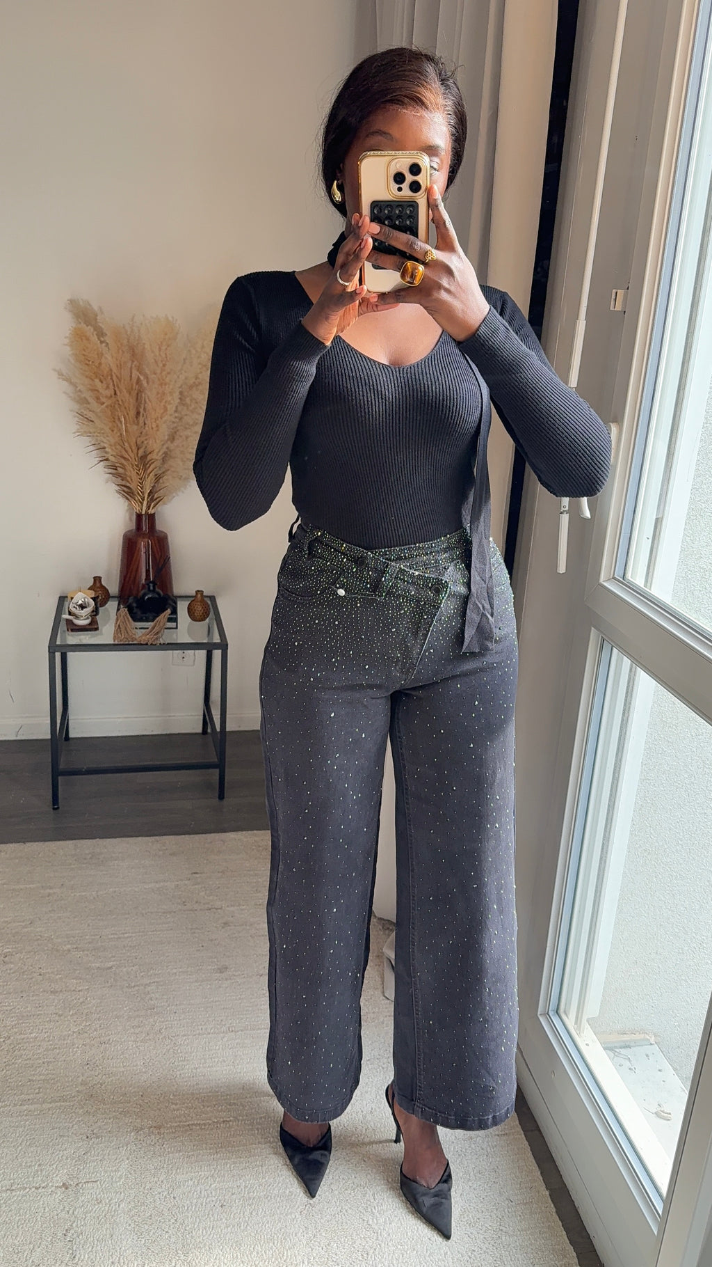 Jean Denim large à strass - Noir