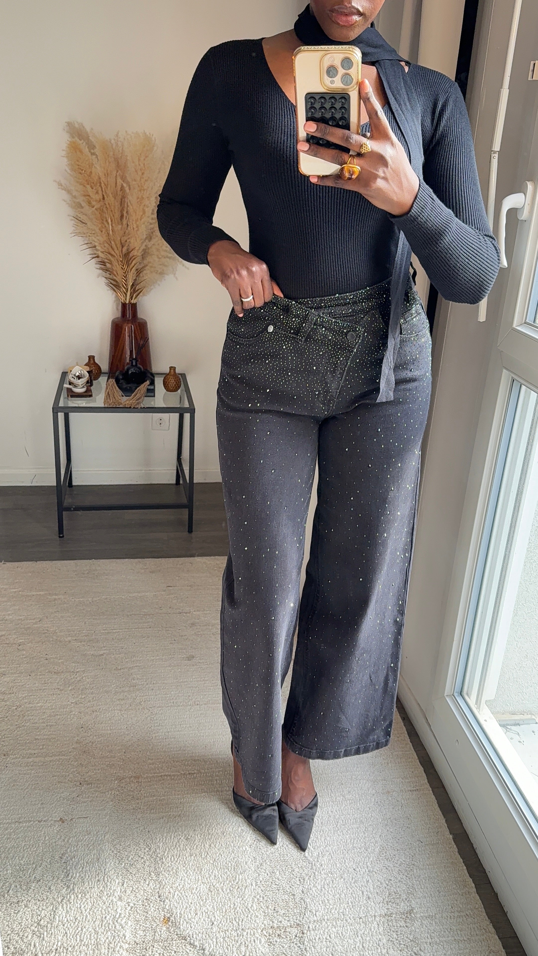 Jean Denim large à strass - Noir