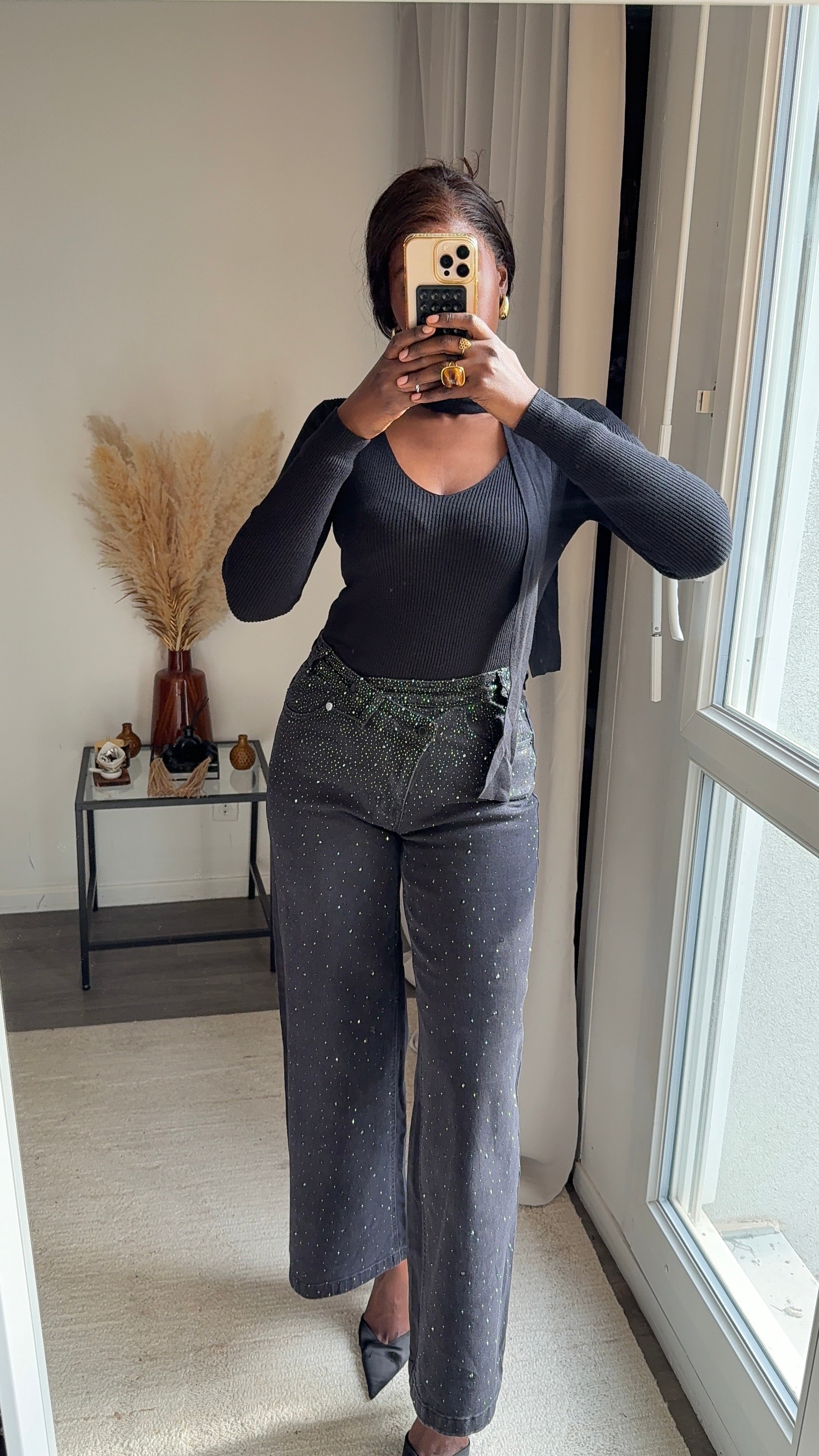 Jean Denim large à strass - Noir