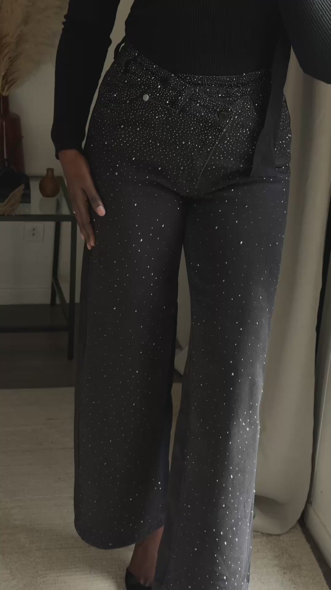 Jean Denim large à strass - Noir